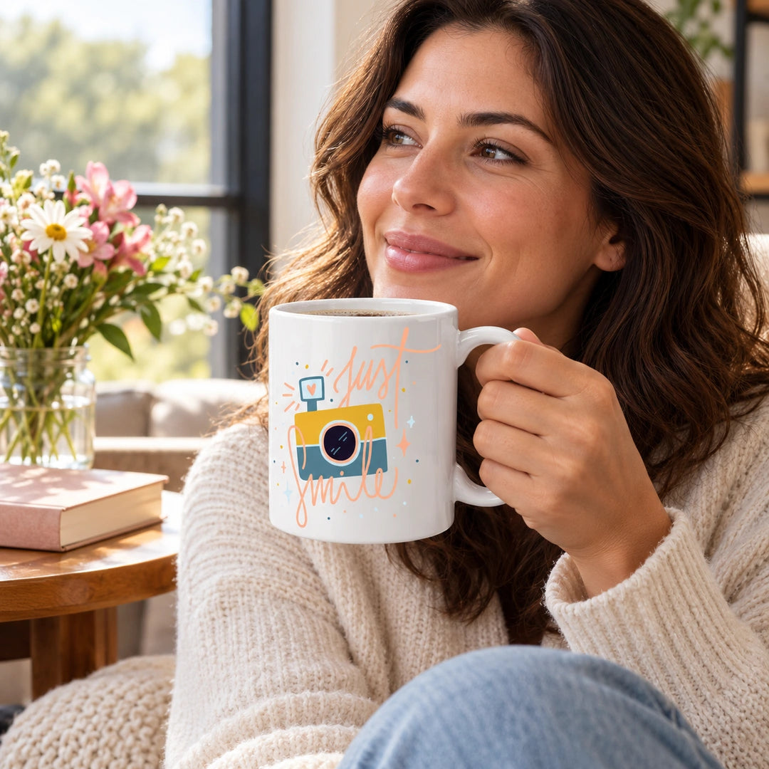 Caneca de Cerâmica com Frase "Just Smile" em utilização | Cucawik