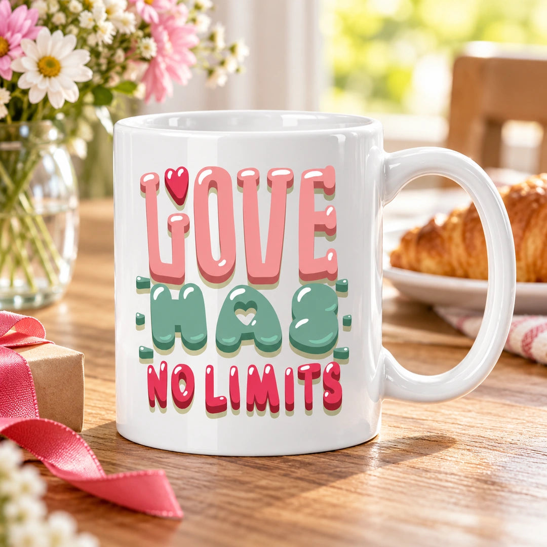 Caneca de Cerâmica com Frase "Love Has No Limits" em ambiente lifestyle | Cucawik