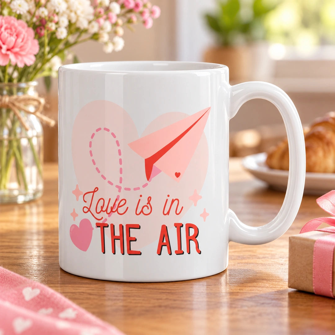 Caneca de Cerâmica com Frase "Love Is in the Air" em ambiente lifestyle | Cucawik