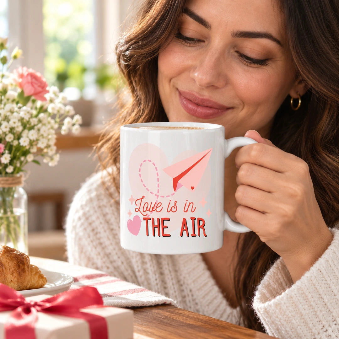 Caneca de Cerâmica com Frase "Love Is in the Air" em utilização | Cucawik