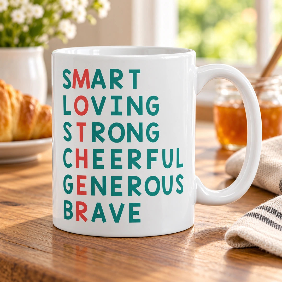 Caneca de Cerâmica com Frase "Mother: Smart; Loving; Strong; Cheerful; Generous; Brave" em ambiente lifestyle | Cucawik