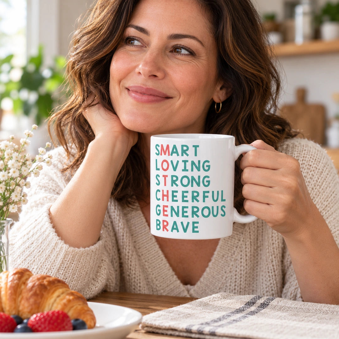 Caneca de Cerâmica com Frase "Mother: Smart; Loving; Strong; Cheerful; Generous; Brave" em utilização | Cucawik