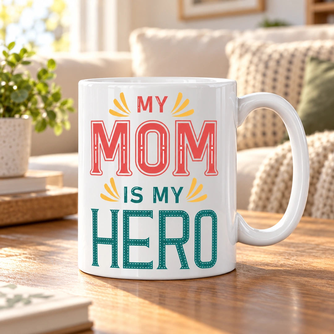 Caneca de Cerâmica com Frase "My Mom is My Hero" em ambiente lifestyle | Cucawik