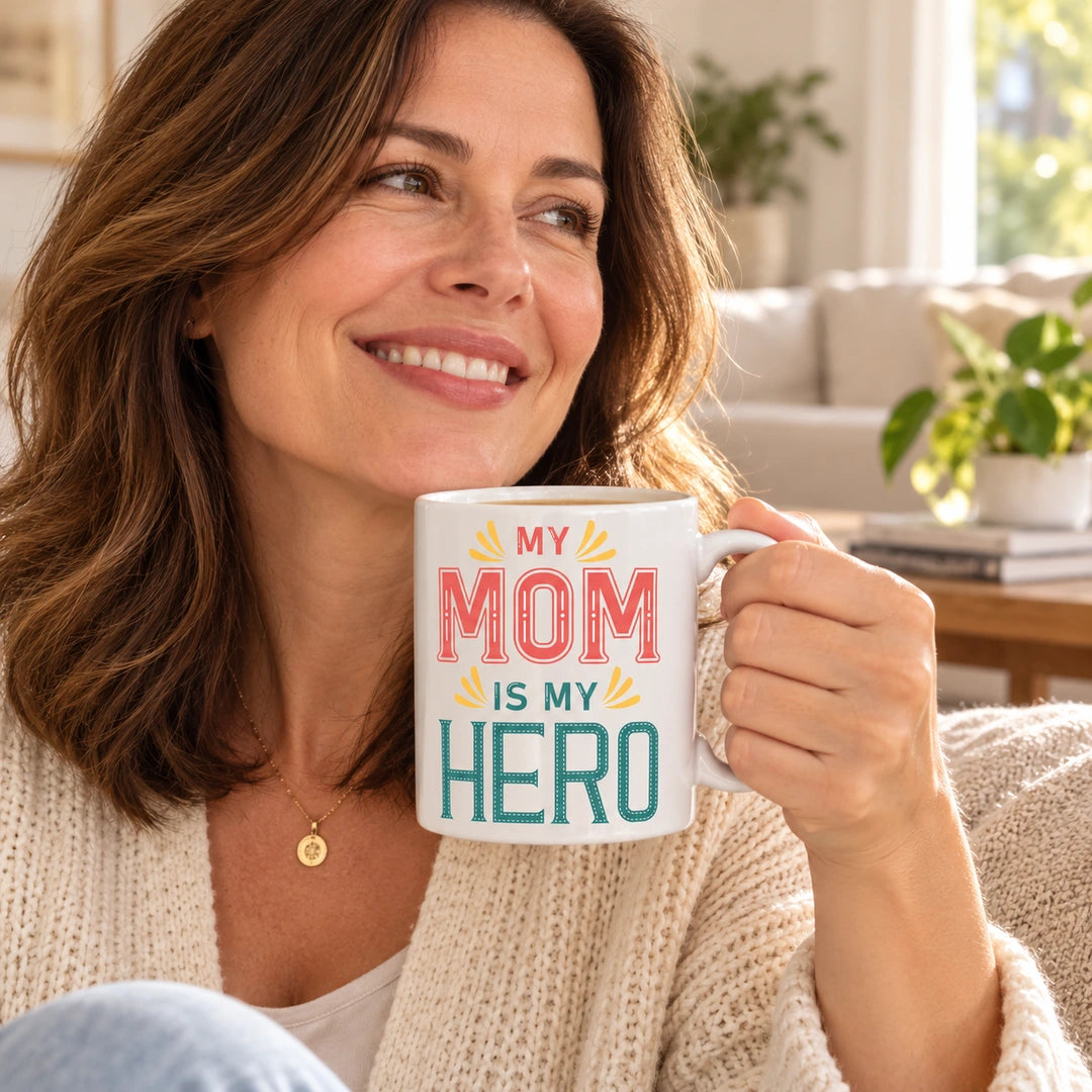 Caneca de Cerâmica com Frase "My Mom is My Hero" em utilização | Cucawik