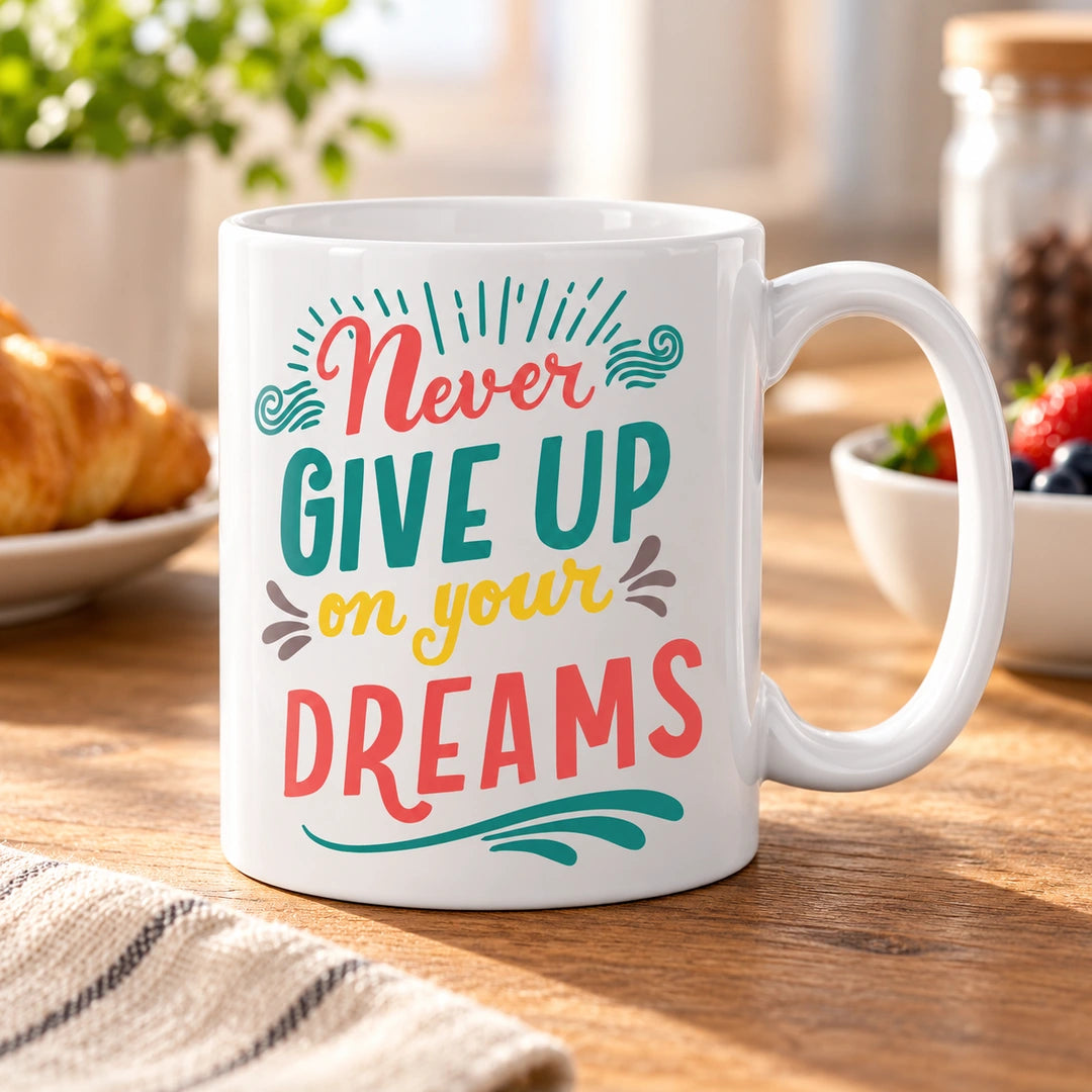 Caneca de Cerâmica com Frase "Never Give Up on Your Dreams" em ambiente lifestyle | Cucawik