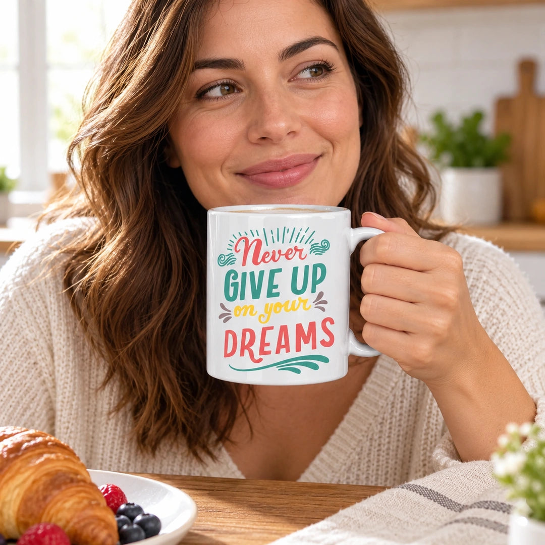 Caneca de Cerâmica com Frase "Never Give Up on Your Dreams" em utilização | Cucawik
