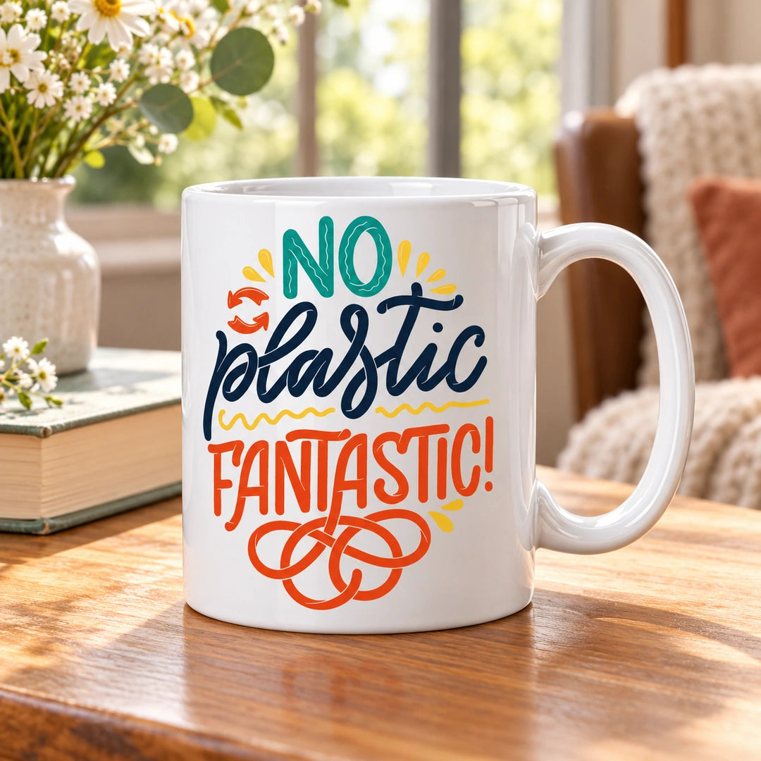 Caneca de Cerâmica com Frase "No Plastic Fantastic" em ambiente lifestyle | Cucawik