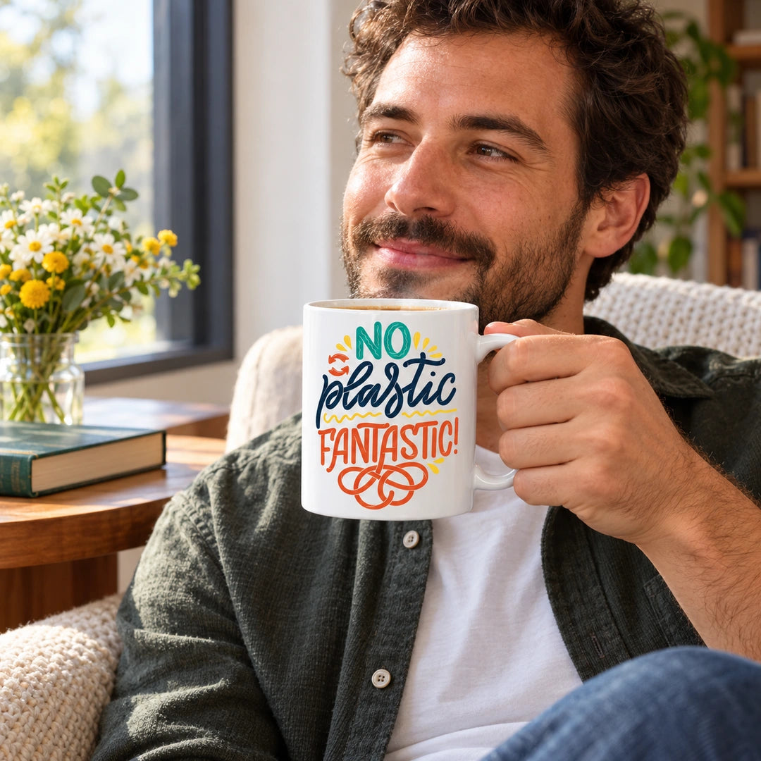 Caneca de Cerâmica com Frase "No Plastic Fantastic" em utilização | Cucawik