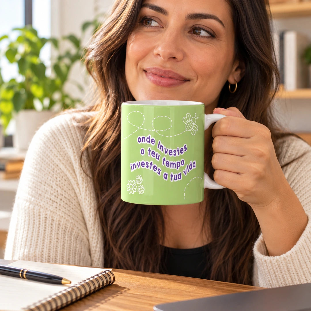 Caneca de Cerâmica com Frase "Onde Investes o Teu Tempo, Investes a Tua Vida" em utilização | Cucawik