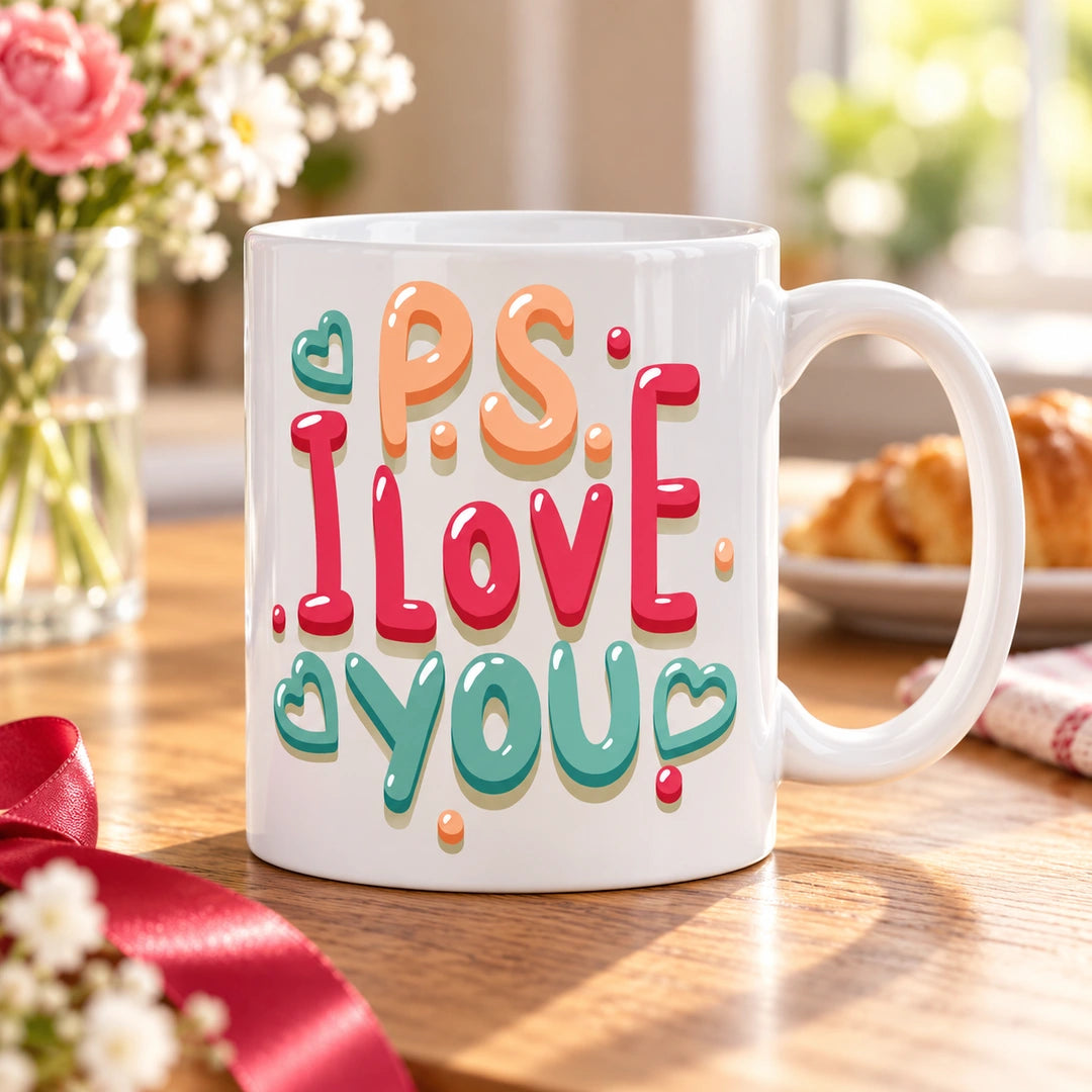 Caneca de Cerâmica com Frase "P.S. I Love You" em ambiente lifestyle | Cucawik