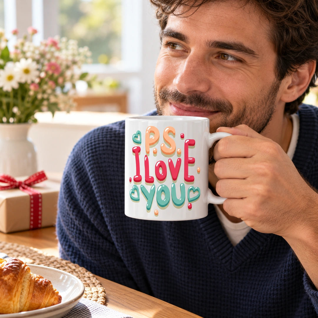 Caneca de Cerâmica com Frase "P.S. I Love You" em utilização | Cucawik