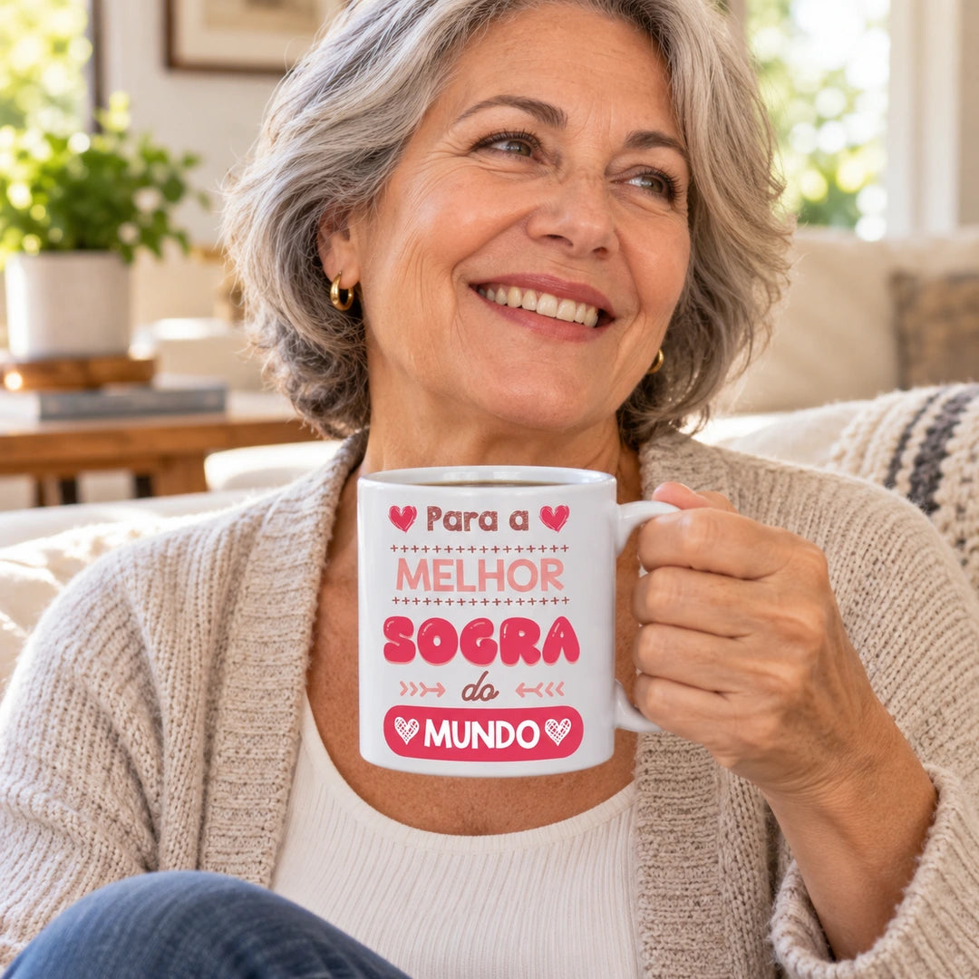 Caneca de Cerâmica com Frase "Para a Melhor Sogra do Mundo" em utilização | Cucawik