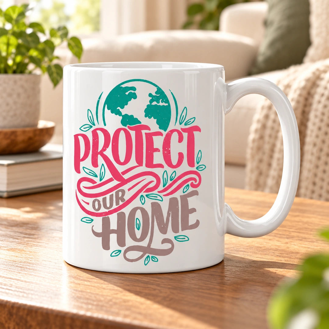 Caneca de Cerâmica com Frase "Protect Our Home" em ambiente lifestyle | Cucawik