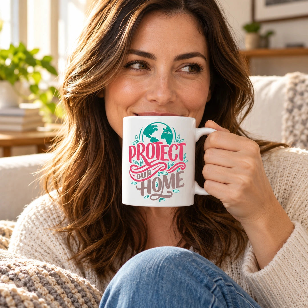 Caneca de Cerâmica com Frase "Protect Our Home" em utilização | Cucawik