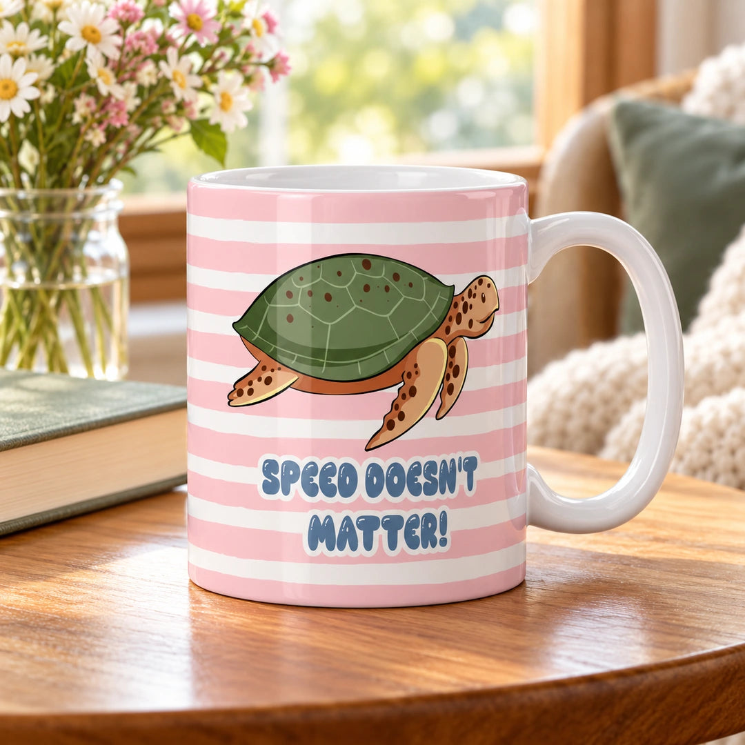 Caneca de Cerâmica com Frase "Speed Doesn't Matter!" em ambiente lifestyle | Cucawik