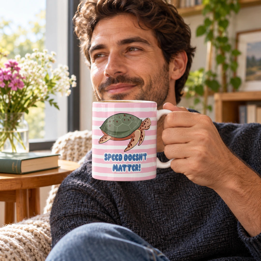 Caneca de Cerâmica com Frase "Speed Doesn't Matter!" em utilização | Cucawik