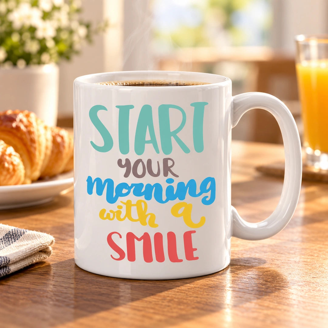 Caneca de Cerâmica com Frase "Start Your Morning with a Smile" em ambiente lifestyle | Cucawik