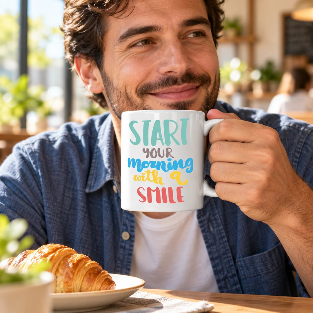 Caneca de Cerâmica com Frase "Start Your Morning with a Smile" em utilização | Cucawik