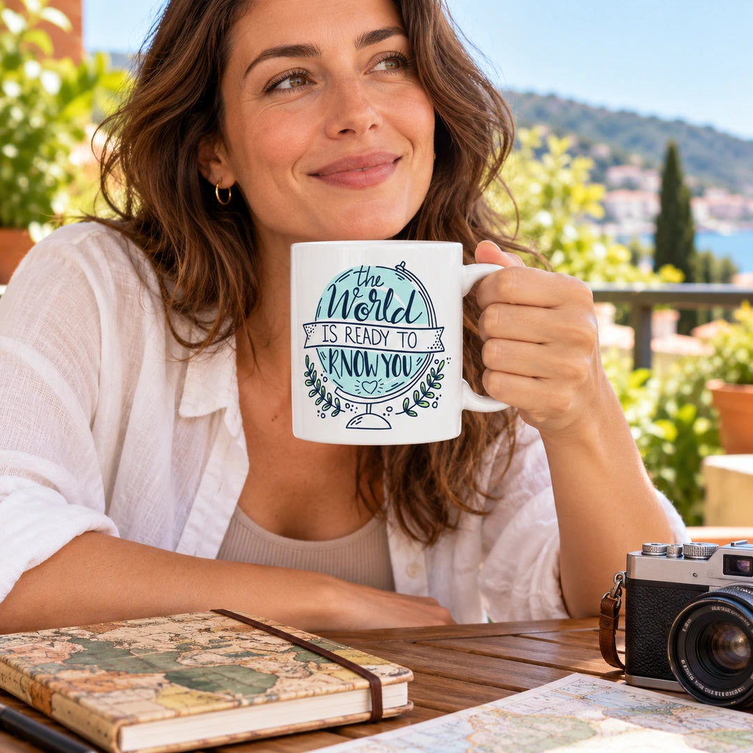Caneca de Cerâmica com Frase "The World Is Ready to Know You" em utilização | Cucawik