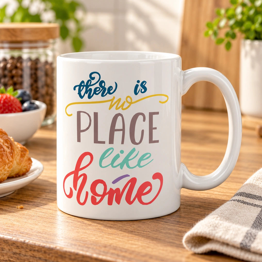 Caneca de Cerâmica com Frase "There Is No Place Like Home" em ambiente lifestyle | Cucawik