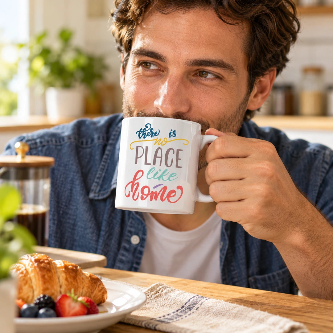 Caneca de Cerâmica com Frase "There Is No Place Like Home" em utilização | Cucawik