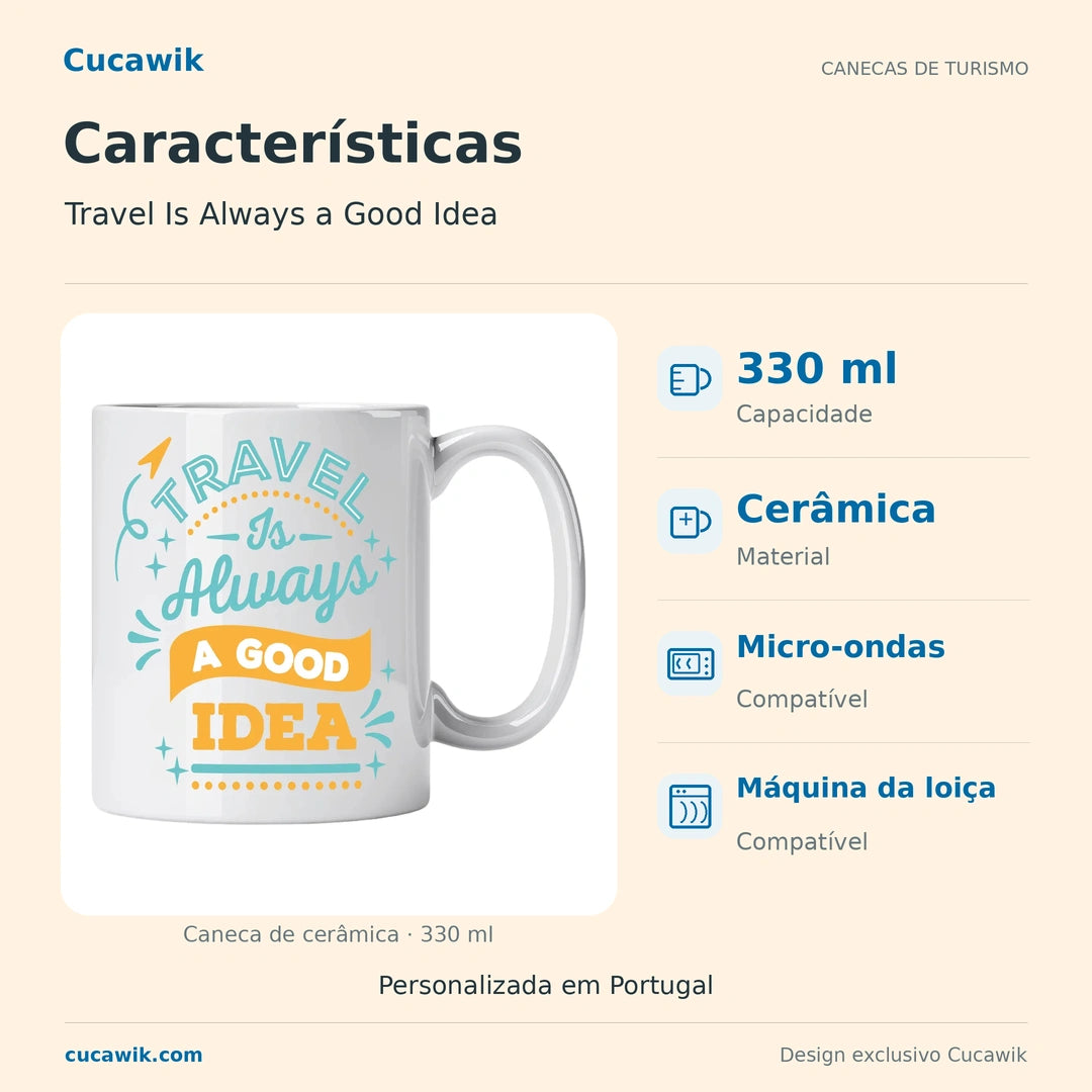 Caneca de Cerâmica Travel Is Always a Good Idea — Características | Cucawik