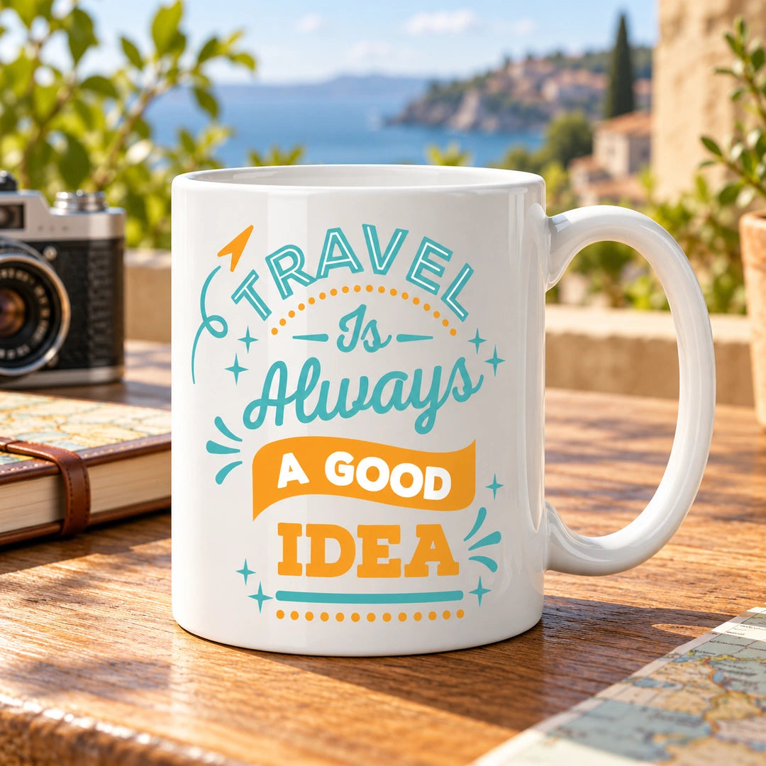 Caneca de Cerâmica com Frase "Travel Is Always a Good Idea" em ambiente lifestyle | Cucawik