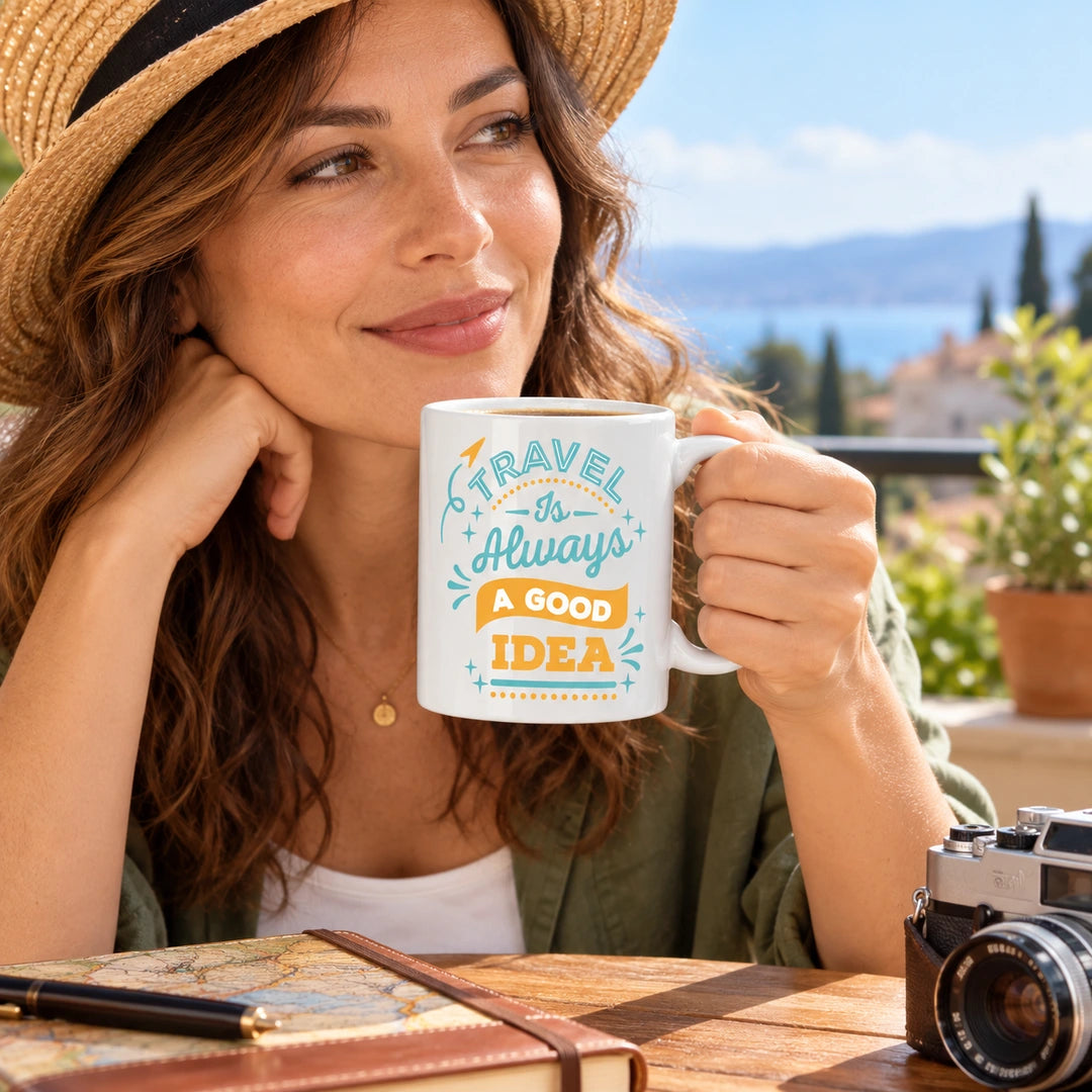Caneca de Cerâmica com Frase "Travel Is Always a Good Idea" em utilização | Cucawik