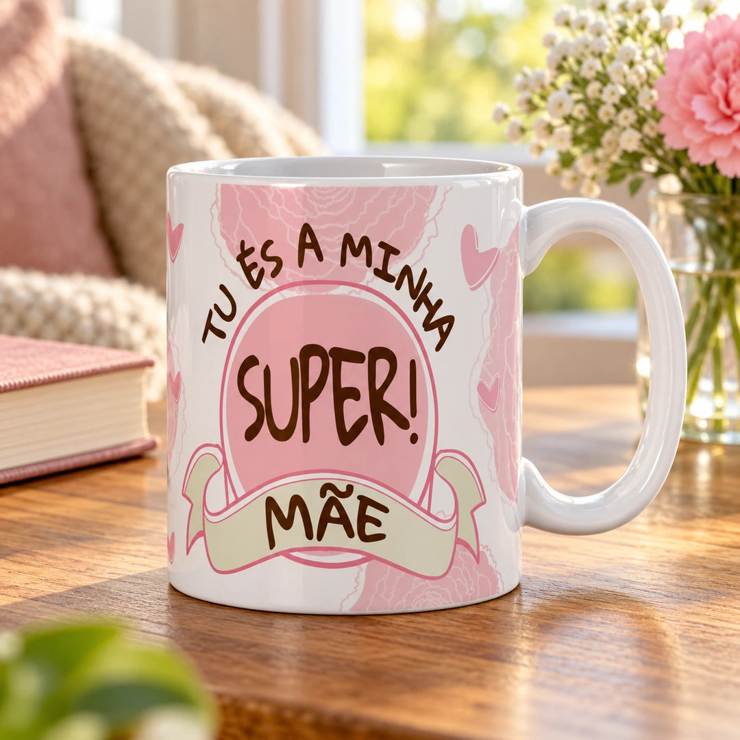 Caneca de Cerâmica com Frase "Tu És a Minha Super Mãe!" em ambiente lifestyle | Cucawik