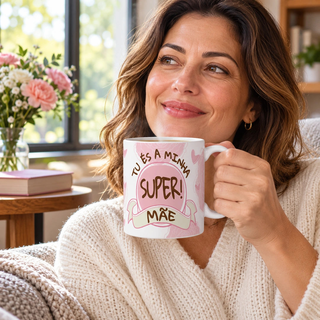 Caneca de Cerâmica com Frase "Tu És a Minha Super Mãe!" em utilização | Cucawik