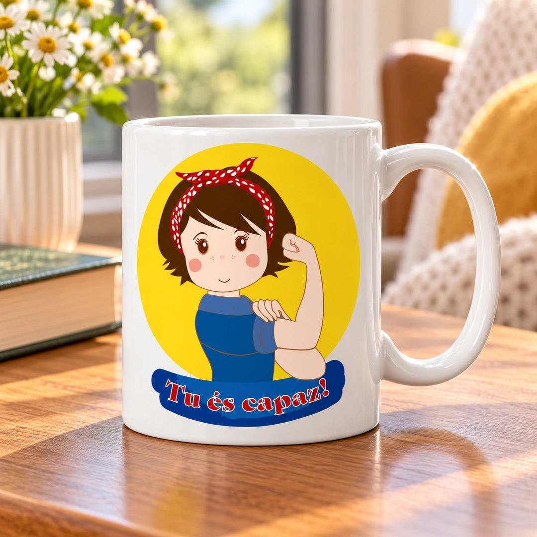 Caneca de Cerâmica com Frase "Tu És Capaz!" em ambiente lifestyle | Cucawik