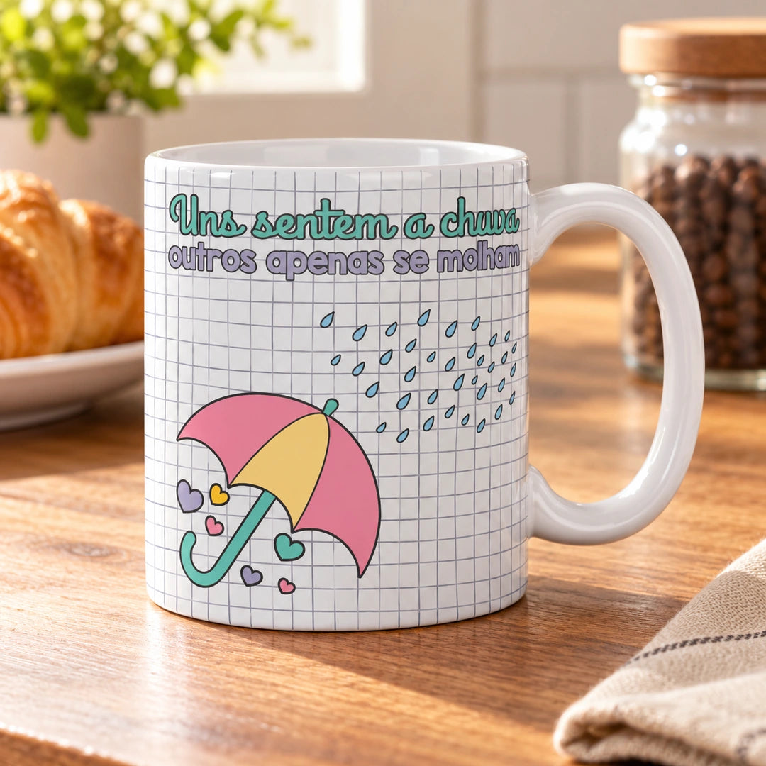 Caneca de Cerâmica com Frase "Uns Sentem a Chuva, Outros Apenas se Molham" em ambiente lifestyle | Cucawik