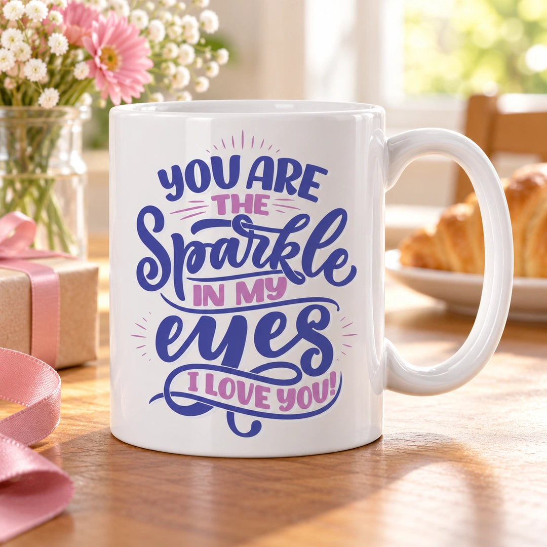 Caneca de Cerâmica com Frase "You Are the Sparkle in My Eyes, I Love You!" em ambiente lifestyle | Cucawik