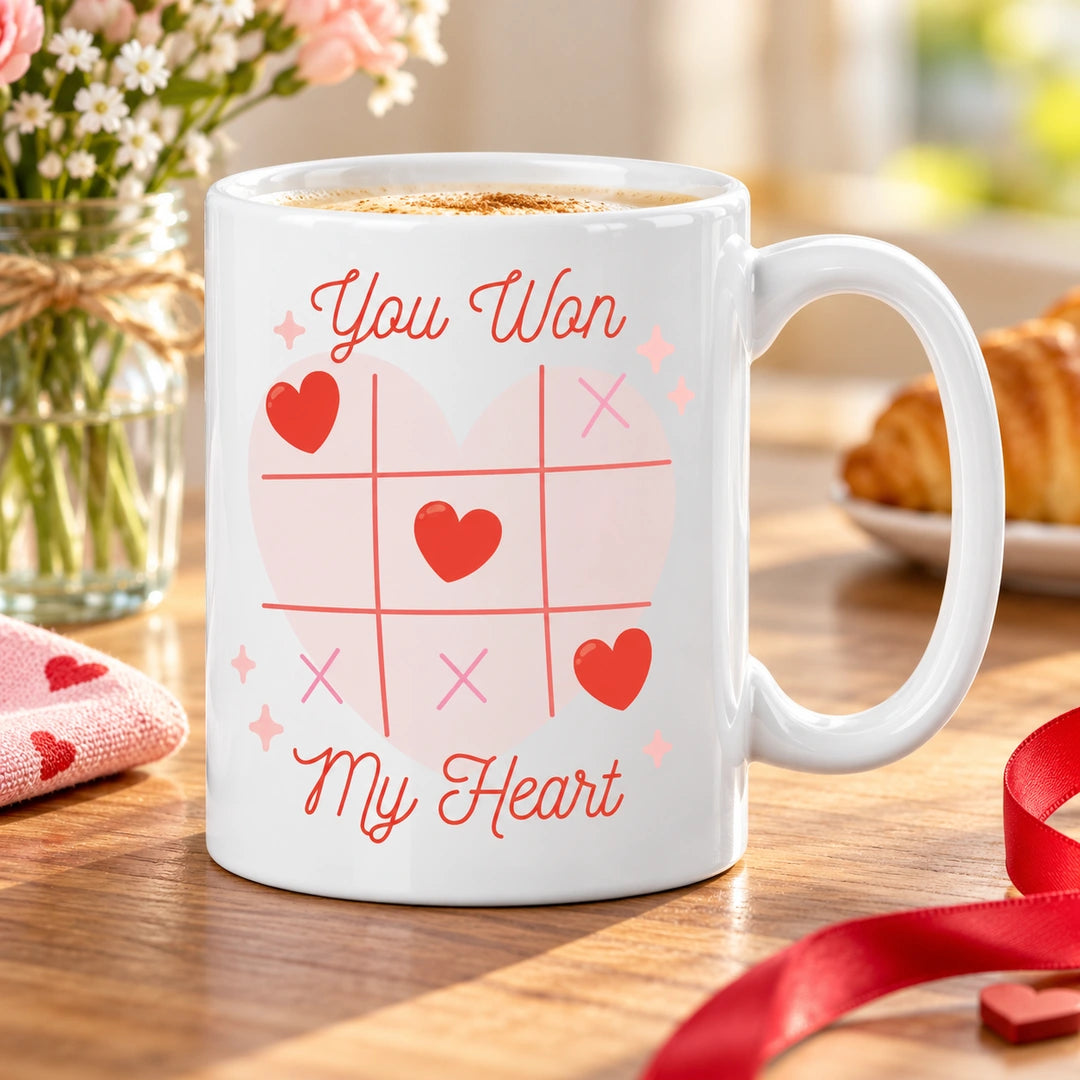 Caneca de Cerâmica com Frase "You Won My Heart" em ambiente lifestyle | Cucawik