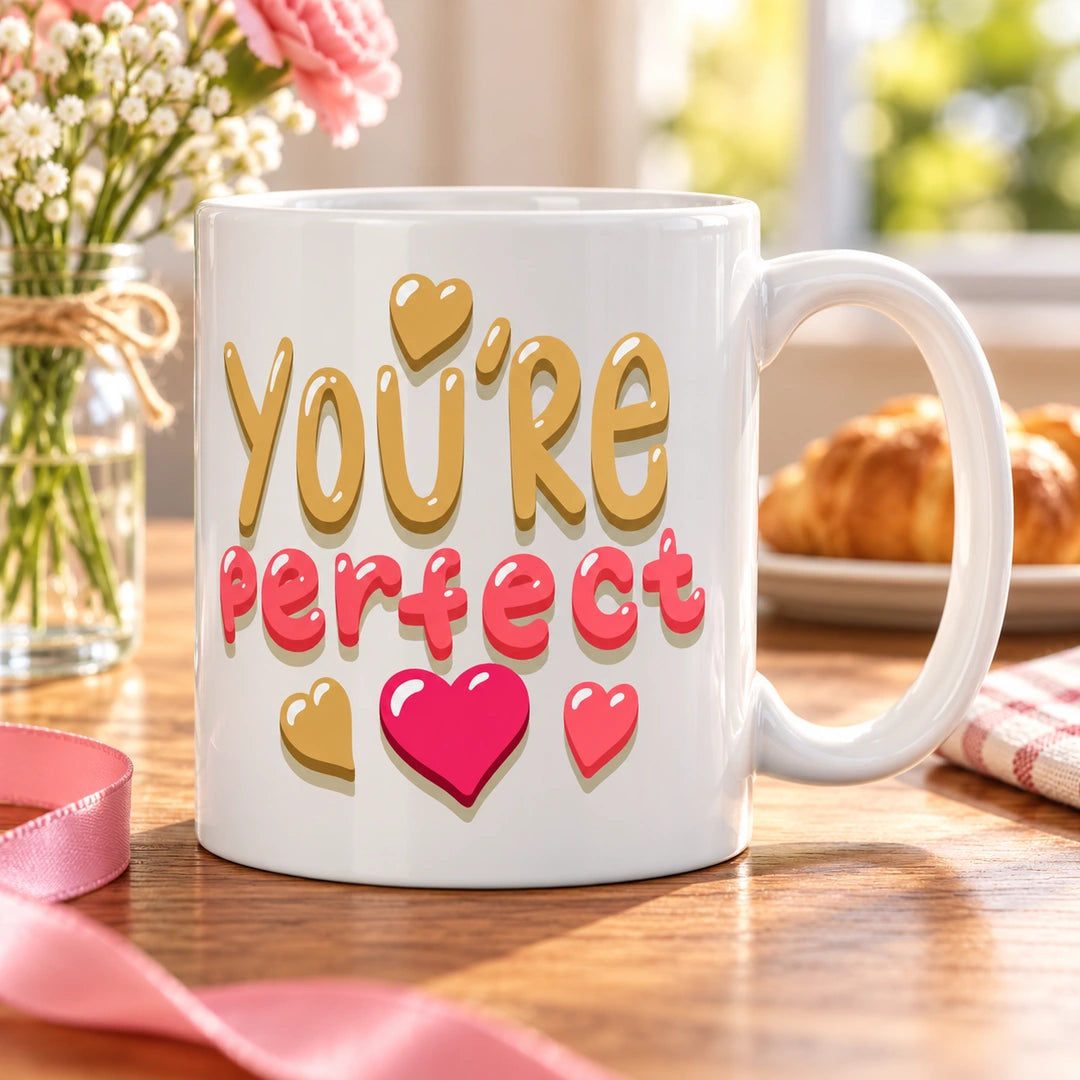 Caneca de Cerâmica com Frase "You're Perfect" em ambiente lifestyle | Cucawik