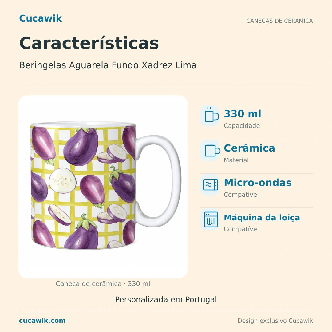 Caneca de Cerâmica Beringelas Aguarela Fundo Xadrez Lima — Características | Cucawik