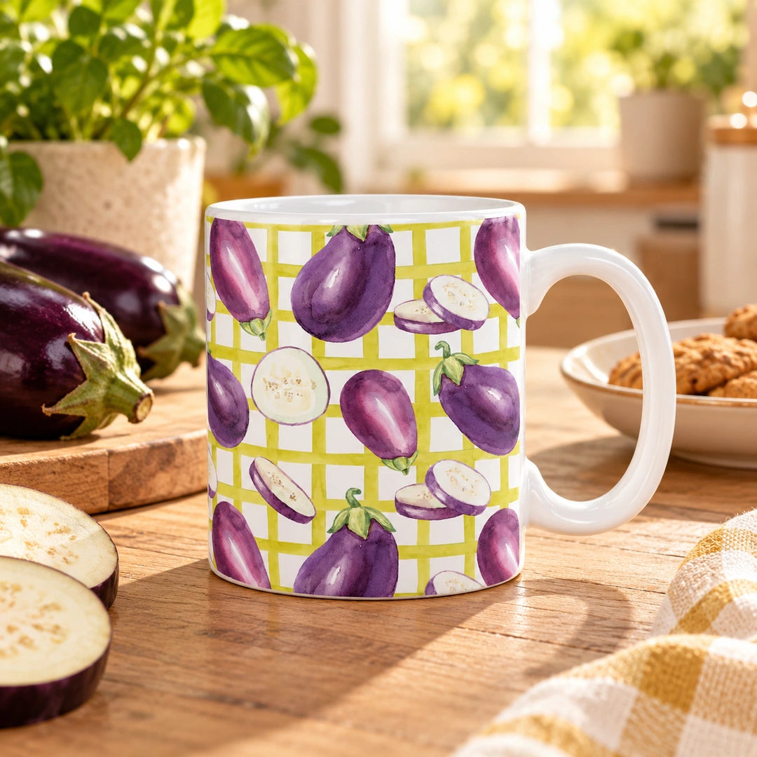 Caneca de Cerâmica Beringelas Aguarela Fundo Xadrez Lima — Lifestyle | Cucawik