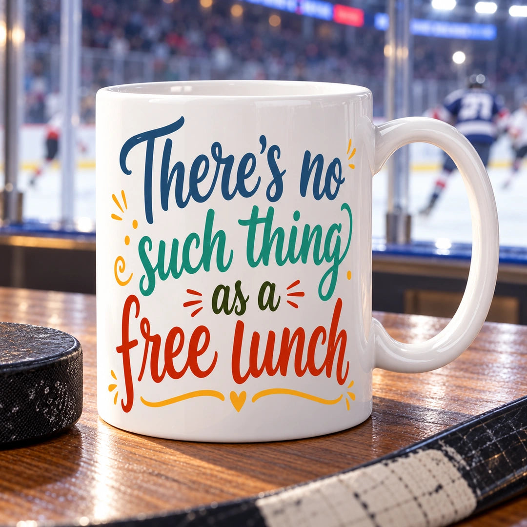 Caneca de Cerâmica com Frase "There's No Such Thing as a Free Lunch" em ambiente lifestyle | Cucawik