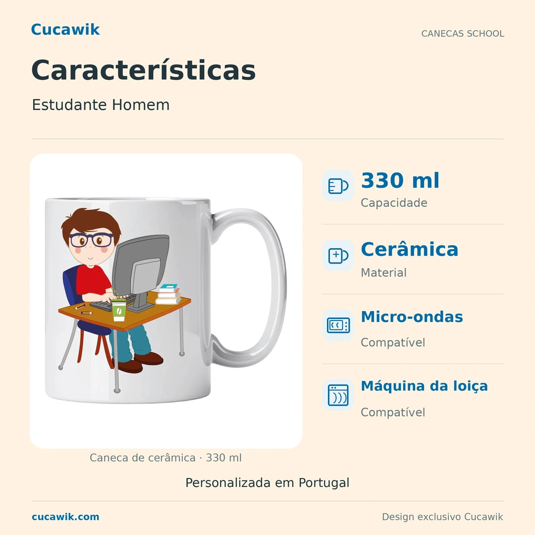 Caneca de Cerâmica Estudante Homem — Características | Cucawik