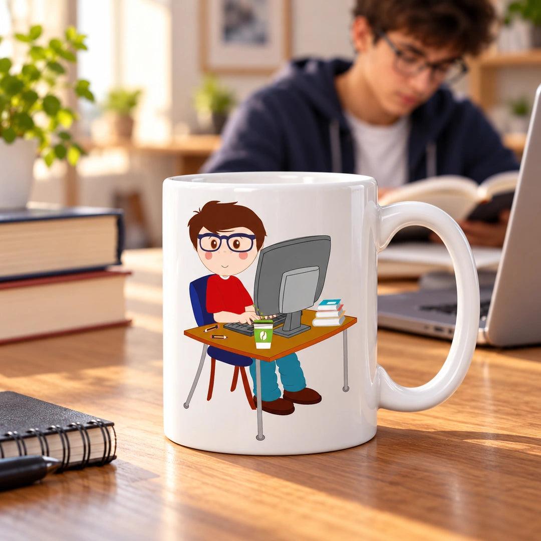 Caneca de Cerâmica Estudante Homem em ambiente lifestyle | Cucawik