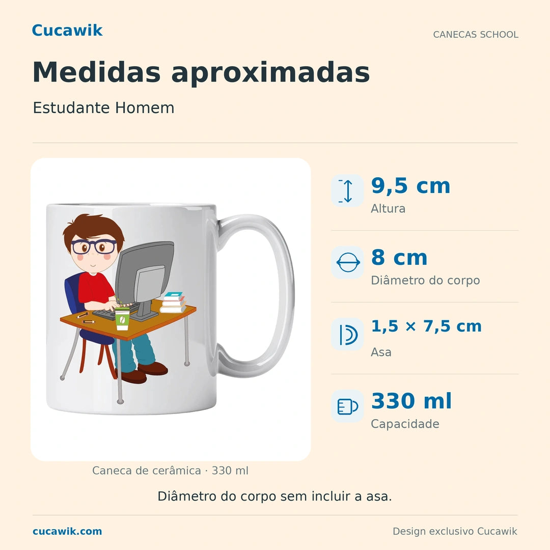 Caneca de Cerâmica Estudante Homem — Medidas aproximadas | Cucawik