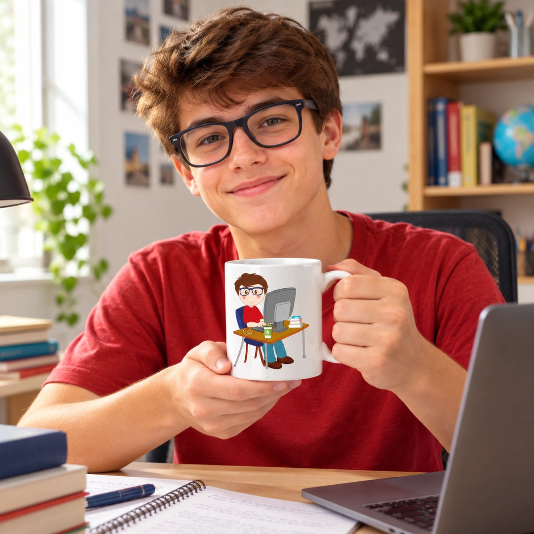 Caneca de Cerâmica Estudante Homem em utilização | Cucawik