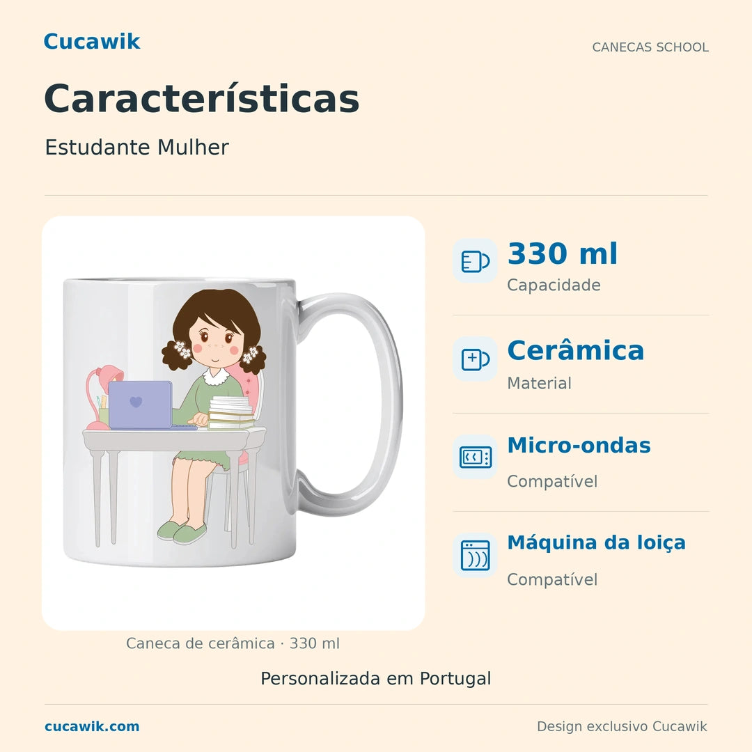 Caneca de Cerâmica Estudante Mulher — Características | Cucawik