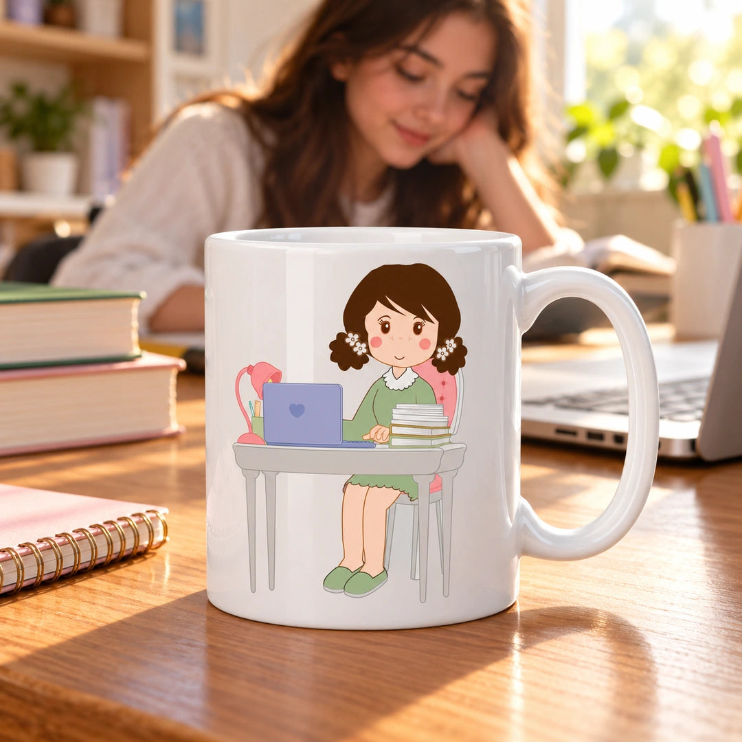 Caneca de Cerâmica Estudante Mulher em ambiente lifestyle | Cucawik