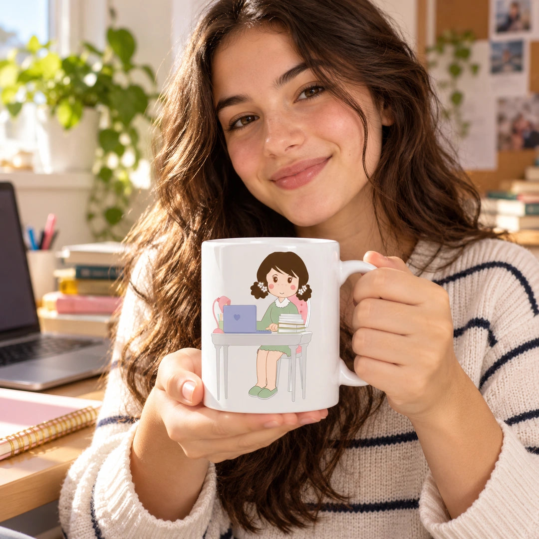 Caneca de Cerâmica Estudante Mulher em utilização | Cucawik