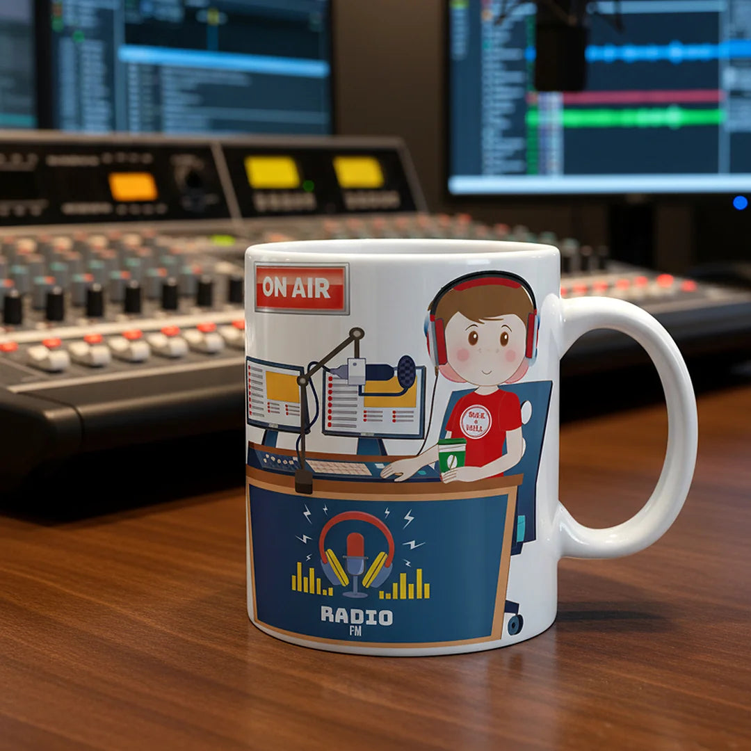 Caneca de Cerâmica Locutor de Rádio — em utilização