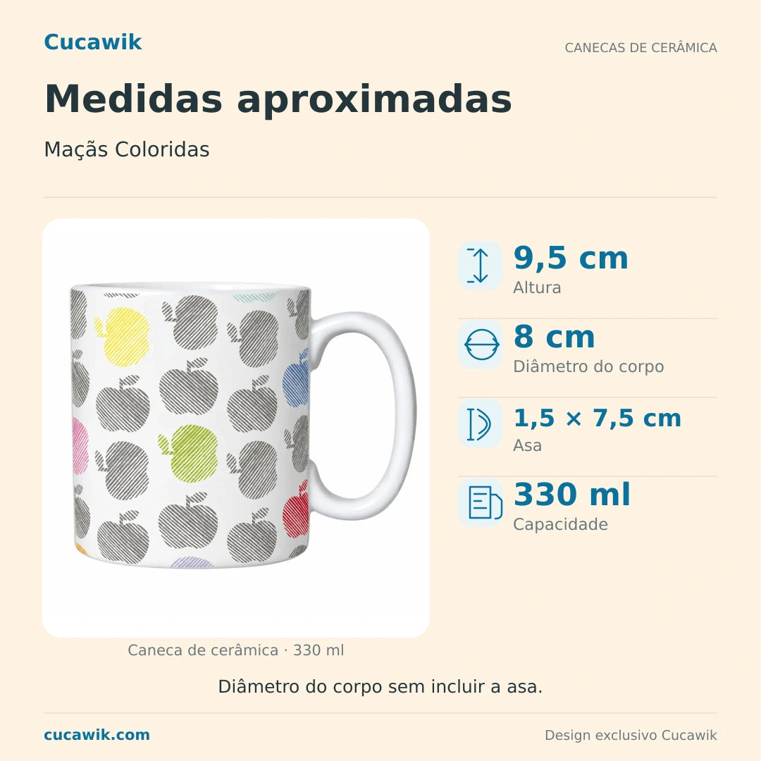 Caneca de Cerâmica Maçãs Coloridas — Medidas | Cucawik