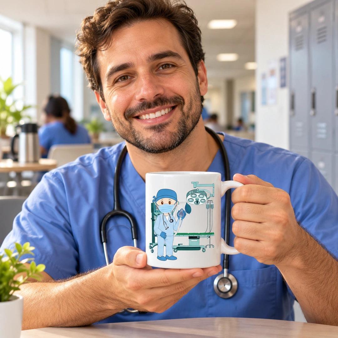 Caneca de Cerâmica Médico Anestesista em utilização | Cucawik
