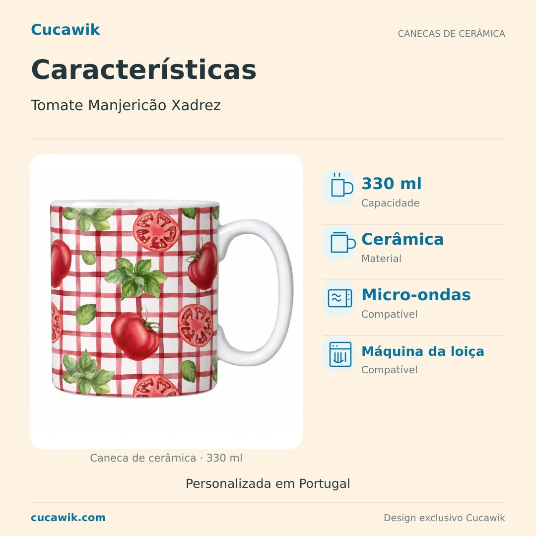 Caneca de Cerâmica Tomate Manjericão Xadrez — Características | Cucawik