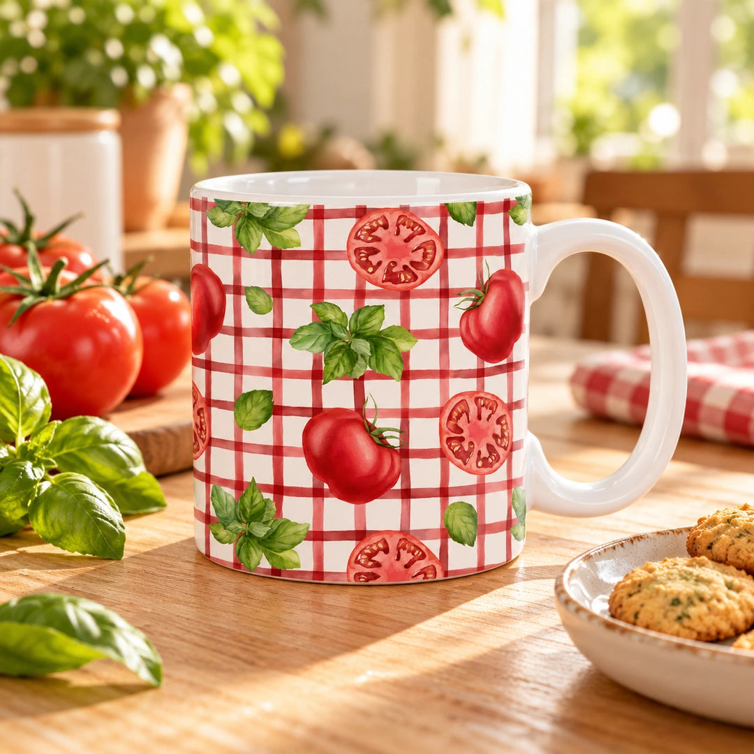 Caneca de Cerâmica Tomate Manjericão Xadrez — Lifestyle | Cucawik